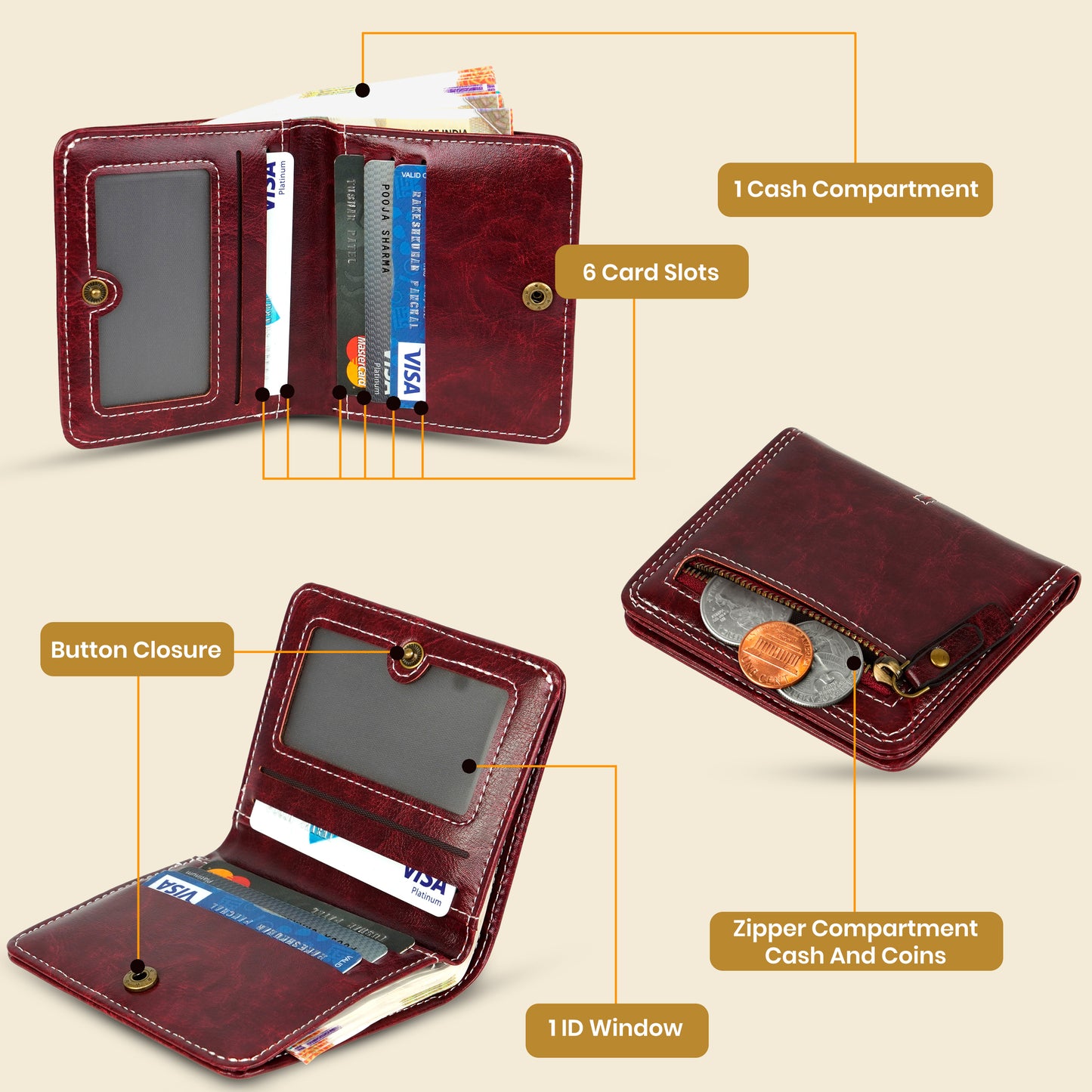 Storite RFID Blocking Women's Leather Small Compact Wallet Slim and Easy to Fit in Pocket,5 Card Slots,1 ID Window, Ladies Mini Purse Money Pocket with Button Closure -Red Wine