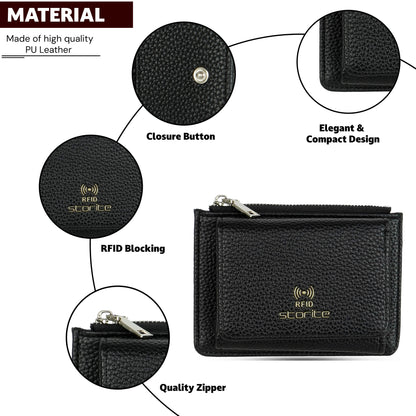 Storite Zipper Wallet for Women with RFID Protection – Elegant & Compact Design & Easy to Fit in Pocket,5 Card Slots,1 ID Window Mini Purse Money Pocket with Button Closure - Black