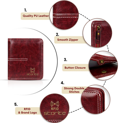 Storite RFID Blocking Women's Leather Small Compact Wallet Slim and Easy to Fit in Pocket,5 Card Slots,1 ID Window, Ladies Mini Purse Money Pocket with Button Closure -Red Wine