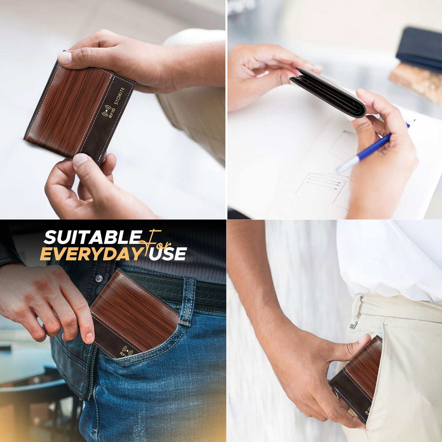 Storite RFID Blocking Men’s Bifold Front Block Wallet – Slim Leather Wallet with Card Slots – (D Wooden)