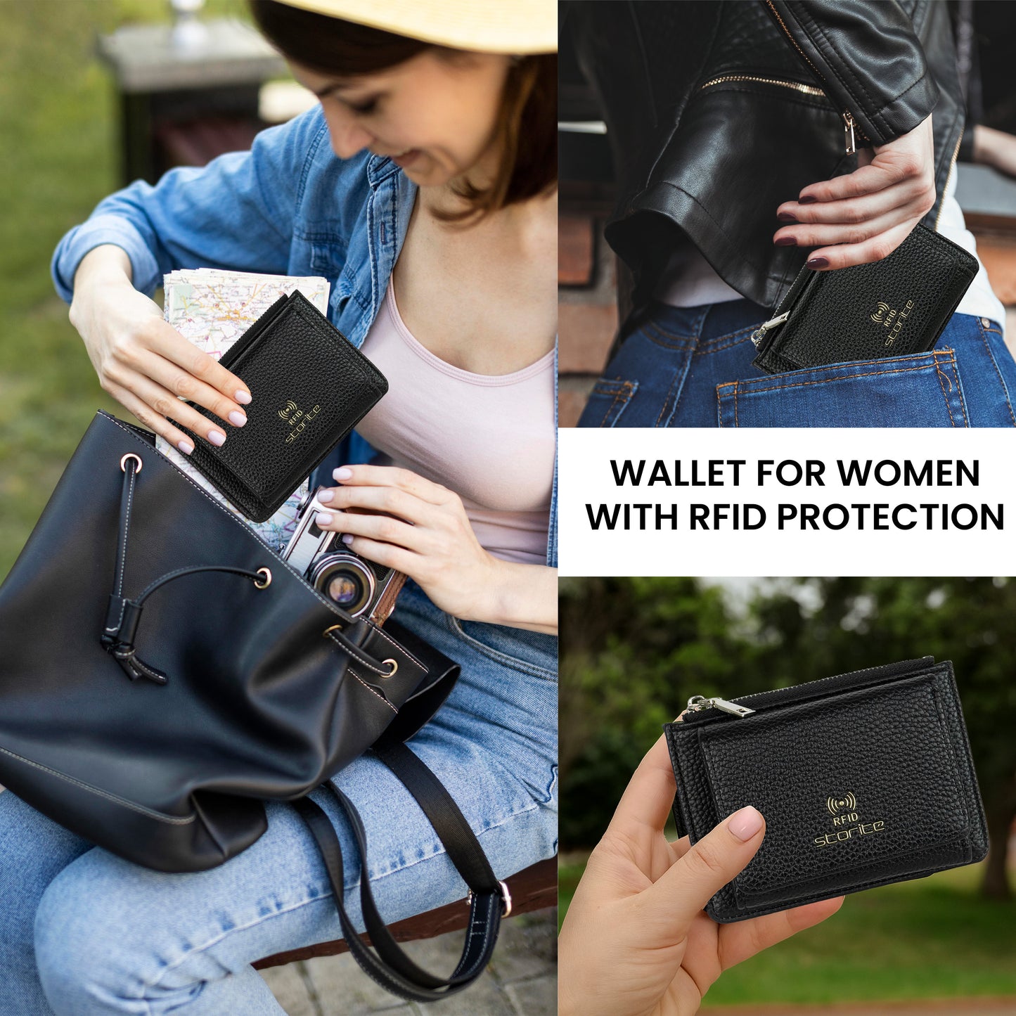 Storite Zipper Wallet for Women with RFID Protection – Elegant & Compact Design & Easy to Fit in Pocket,5 Card Slots,1 ID Window Mini Purse Money Pocket with Button Closure - Black