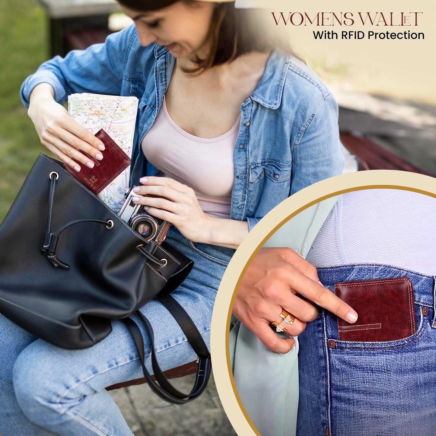 Storite RFID Blocking Women's Leather Small Compact Wallet Slim and Easy to Fit in Pocket,5 Card Slots,1 ID Window, Ladies Mini Purse Money Pocket with Button Closure -Red Wine