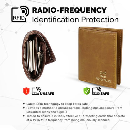 Storite RFID Blocking Tri-Fold Men’s Wallet Credit Card Holder Money Wallet Zipper Coin Purse - Dark Tan