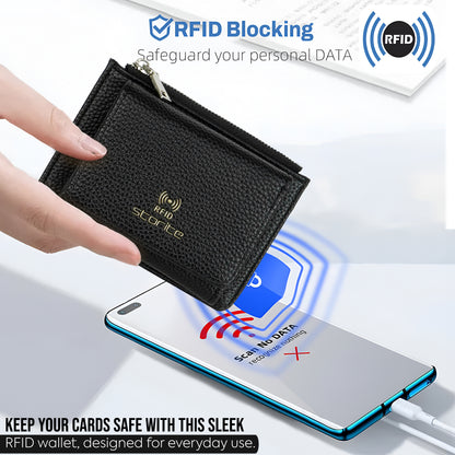 Storite Zipper Wallet for Women with RFID Protection – Elegant & Compact Design & Easy to Fit in Pocket,5 Card Slots,1 ID Window Mini Purse Money Pocket with Button Closure - Black