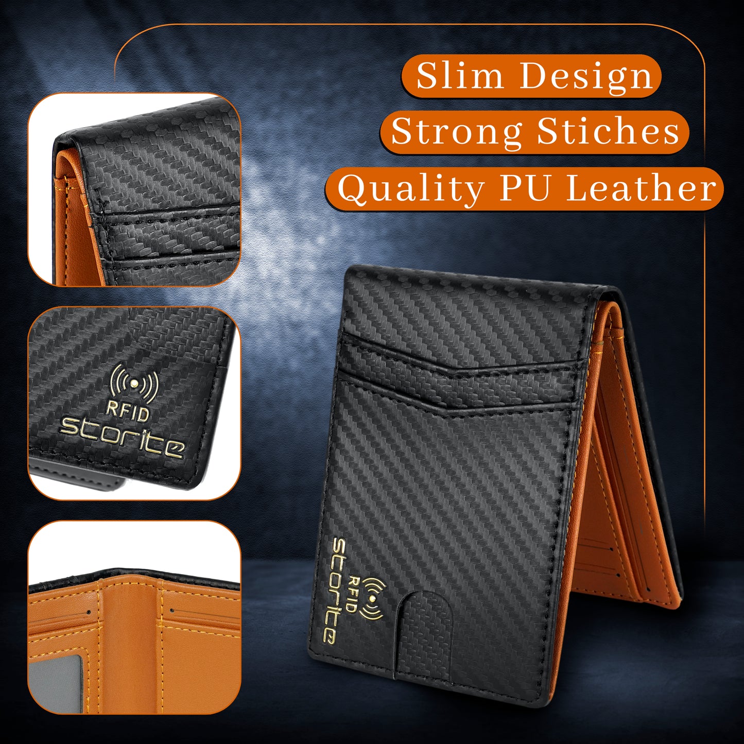 Storite Men's RFID Bifold Wallet – Slim Leather Wallet with Card Slots – Tan and Black