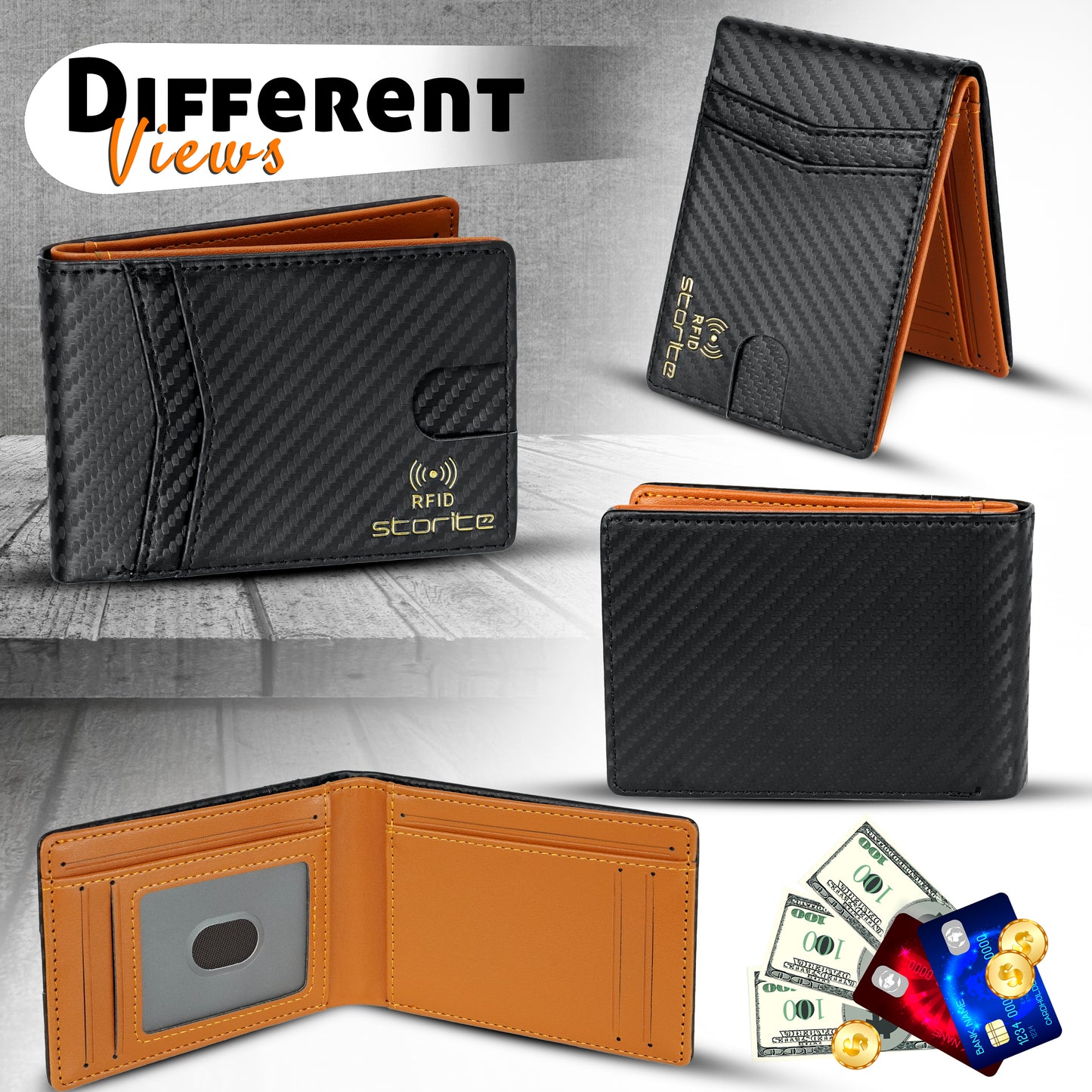 Storite Men's RFID Bifold Wallet – Slim Leather Wallet with Card Slots – Tan and Black