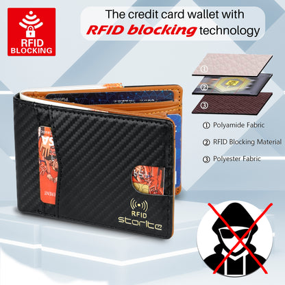 Storite Men's RFID Bifold Wallet – Slim Leather Wallet with Card Slots – Tan and Black