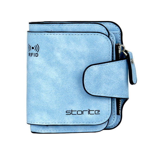 Storite Unisex RFID Blocking Leather Wallet Compact Mini Purse with Button Closure, 6 Card Slots - Blue
