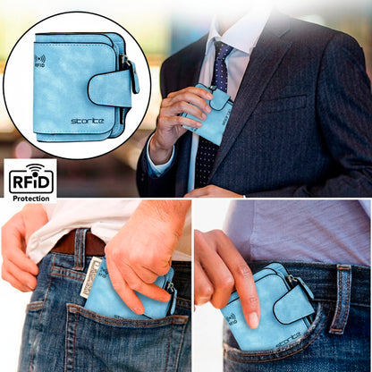 Storite Unisex RFID Blocking Leather Wallet Compact Mini Purse with Button Closure, 6 Card Slots - Blue