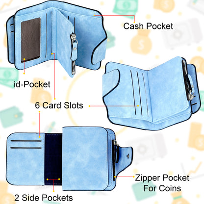 Storite Unisex RFID Blocking Leather Wallet Compact Mini Purse with Button Closure, 6 Card Slots - Blue
