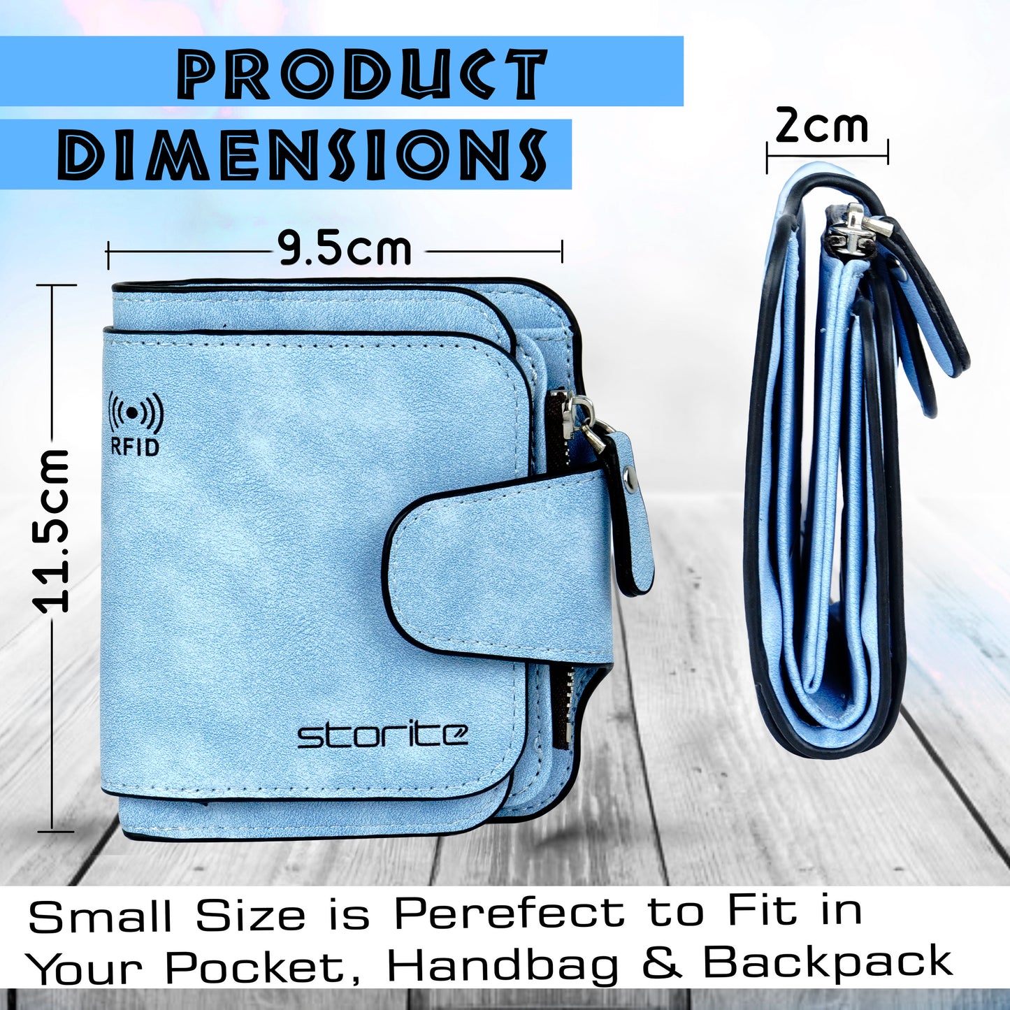 Storite Unisex RFID Blocking Leather Wallet Compact Mini Purse with Button Closure, 6 Card Slots - Blue