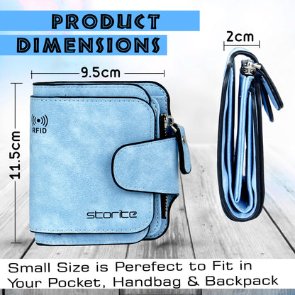 Storite Unisex RFID Blocking Leather Wallet Compact Mini Purse with Button Closure, 6 Card Slots - Blue