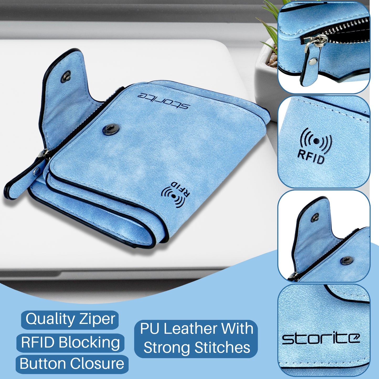 Storite Unisex RFID Blocking Leather Wallet Compact Mini Purse with Button Closure, 6 Card Slots - Blue