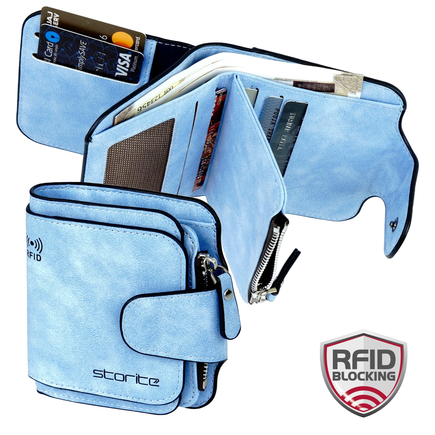Storite Unisex RFID Blocking Leather Wallet Compact Mini Purse with Button Closure, 6 Card Slots - Blue