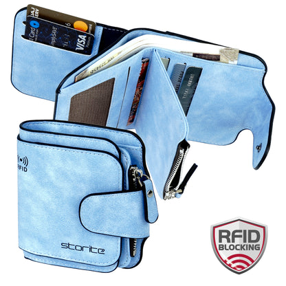 Storite Unisex RFID Blocking Leather Wallet Compact Mini Purse with Button Closure, 6 Card Slots - Blue