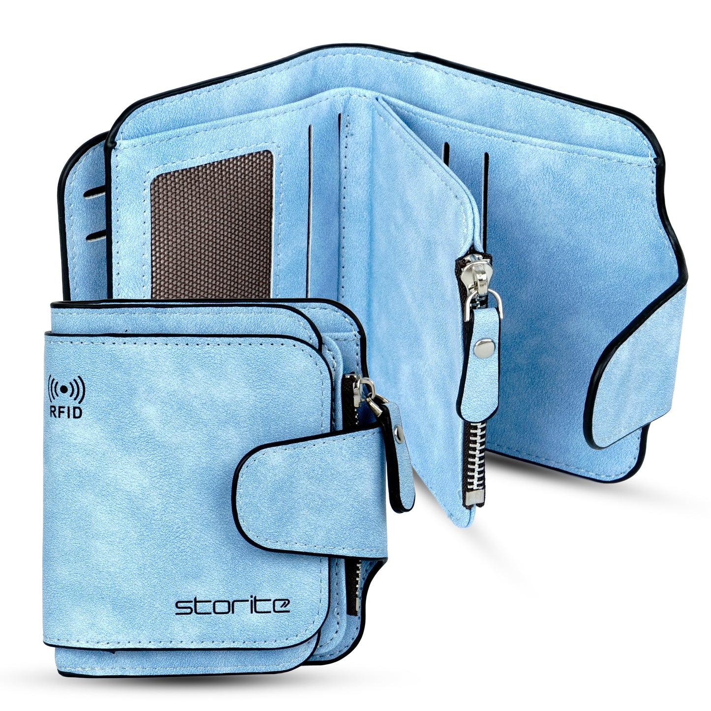 Storite Unisex RFID Blocking Leather Wallet Compact Mini Purse with Button Closure, 6 Card Slots - Blue