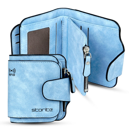 Storite Unisex RFID Blocking Leather Wallet Compact Mini Purse with Button Closure, 6 Card Slots - Blue