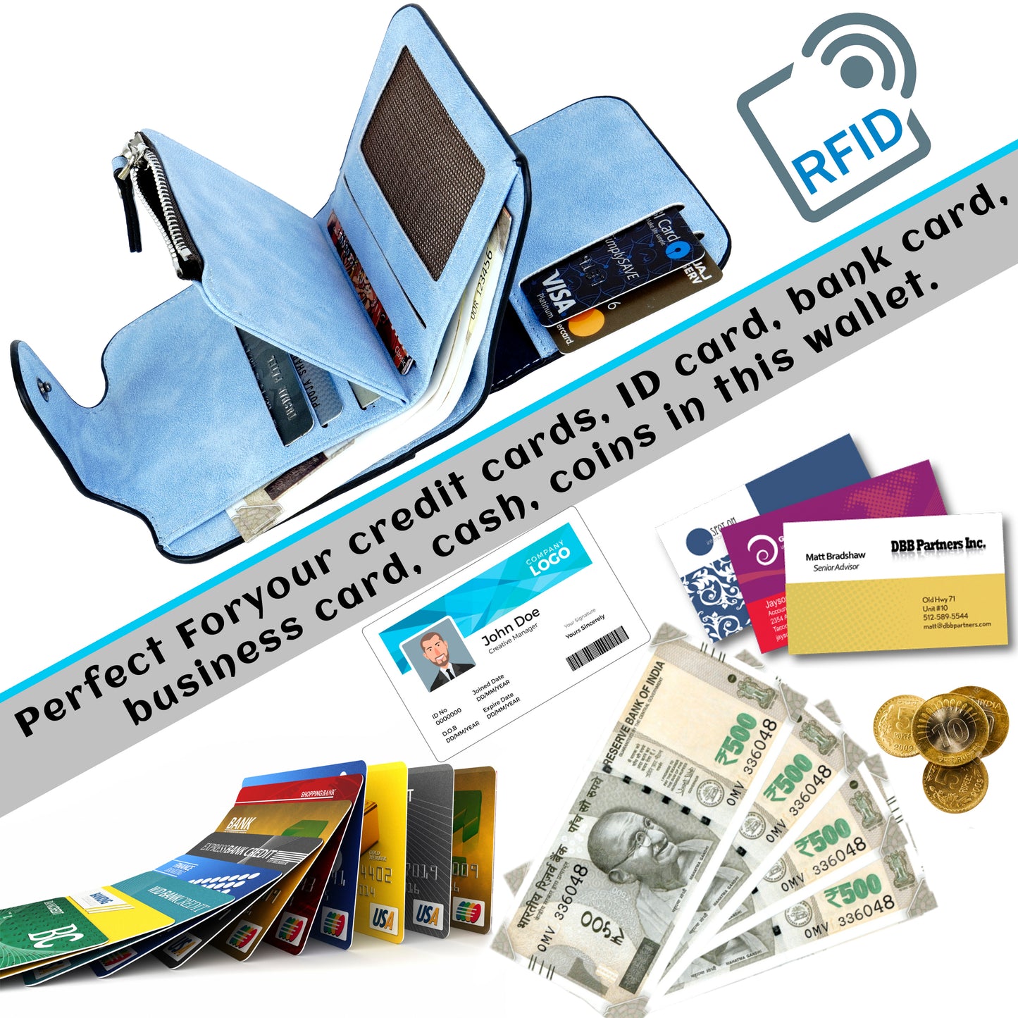 Storite Unisex RFID Blocking Leather Wallet Compact Mini Purse with Button Closure, 6 Card Slots - Blue