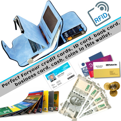 Storite Unisex RFID Blocking Leather Wallet Compact Mini Purse with Button Closure, 6 Card Slots - Blue