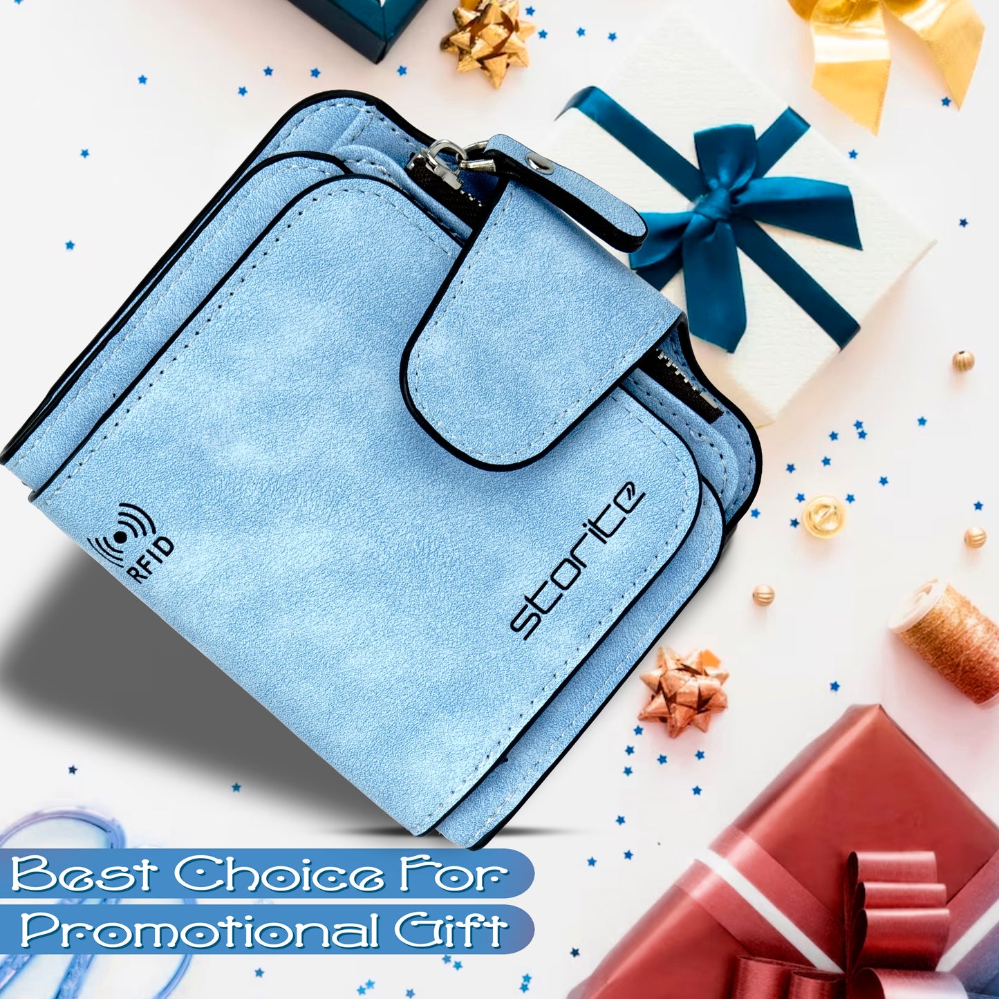 Storite Unisex RFID Blocking Leather Wallet Compact Mini Purse with Button Closure, 6 Card Slots - Blue