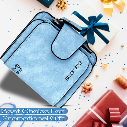 Storite Unisex RFID Blocking Leather Wallet Compact Mini Purse with Button Closure, 6 Card Slots - Blue