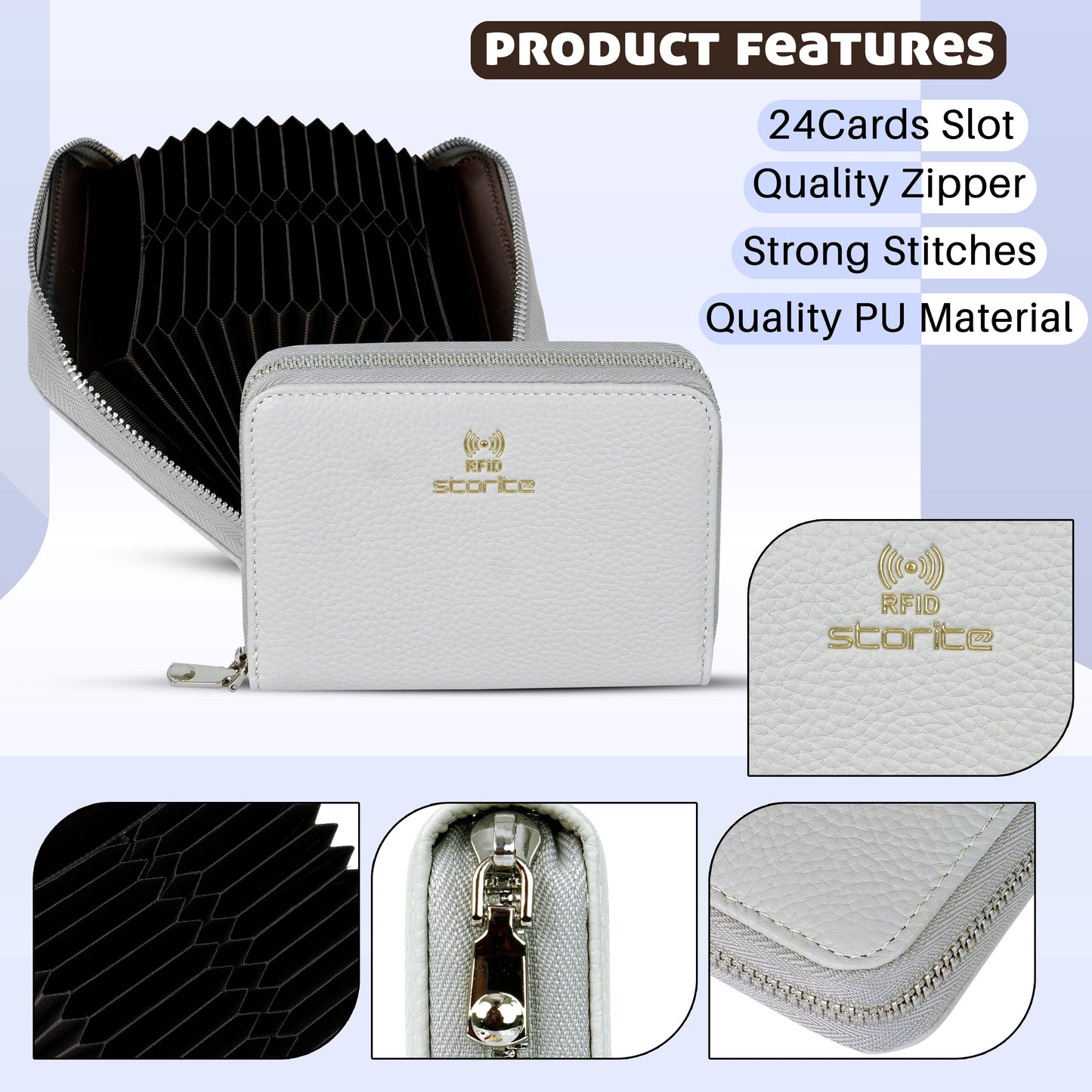 Storite 24 Slot RFID PU Leather Credit Debit Card Holder Wallet Money Zipper Coin Purse for Women - Grey