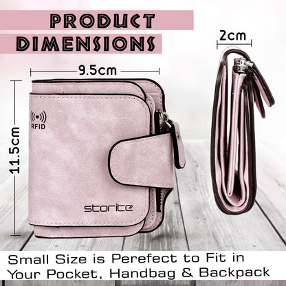 Storite Unisex RFID Blocking Leather Wallet Compact Mini Purse with Button Closure, 6 Card Slots - Pink