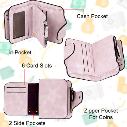 Storite Unisex RFID Blocking Leather Wallet Compact Mini Purse with Button Closure, 6 Card Slots - Pink