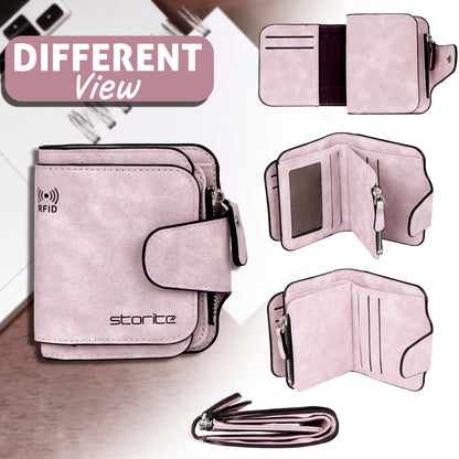 Storite Unisex RFID Blocking Leather Wallet Compact Mini Purse with Button Closure, 6 Card Slots - Pink