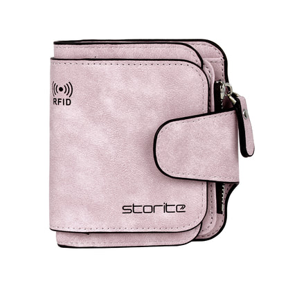 Storite Unisex RFID Blocking Leather Wallet Compact Mini Purse with Button Closure, 6 Card Slots - Pink