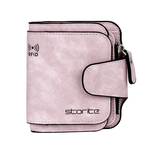 Storite Unisex RFID Blocking Leather Wallet Compact Mini Purse with Button Closure, 6 Card Slots - Pink