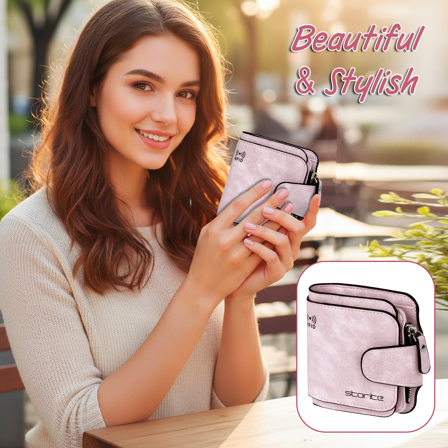 Storite Unisex RFID Blocking Leather Wallet Compact Mini Purse with Button Closure, 6 Card Slots - Pink