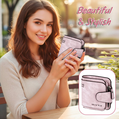 Storite Unisex RFID Blocking Leather Wallet Compact Mini Purse with Button Closure, 6 Card Slots - Pink