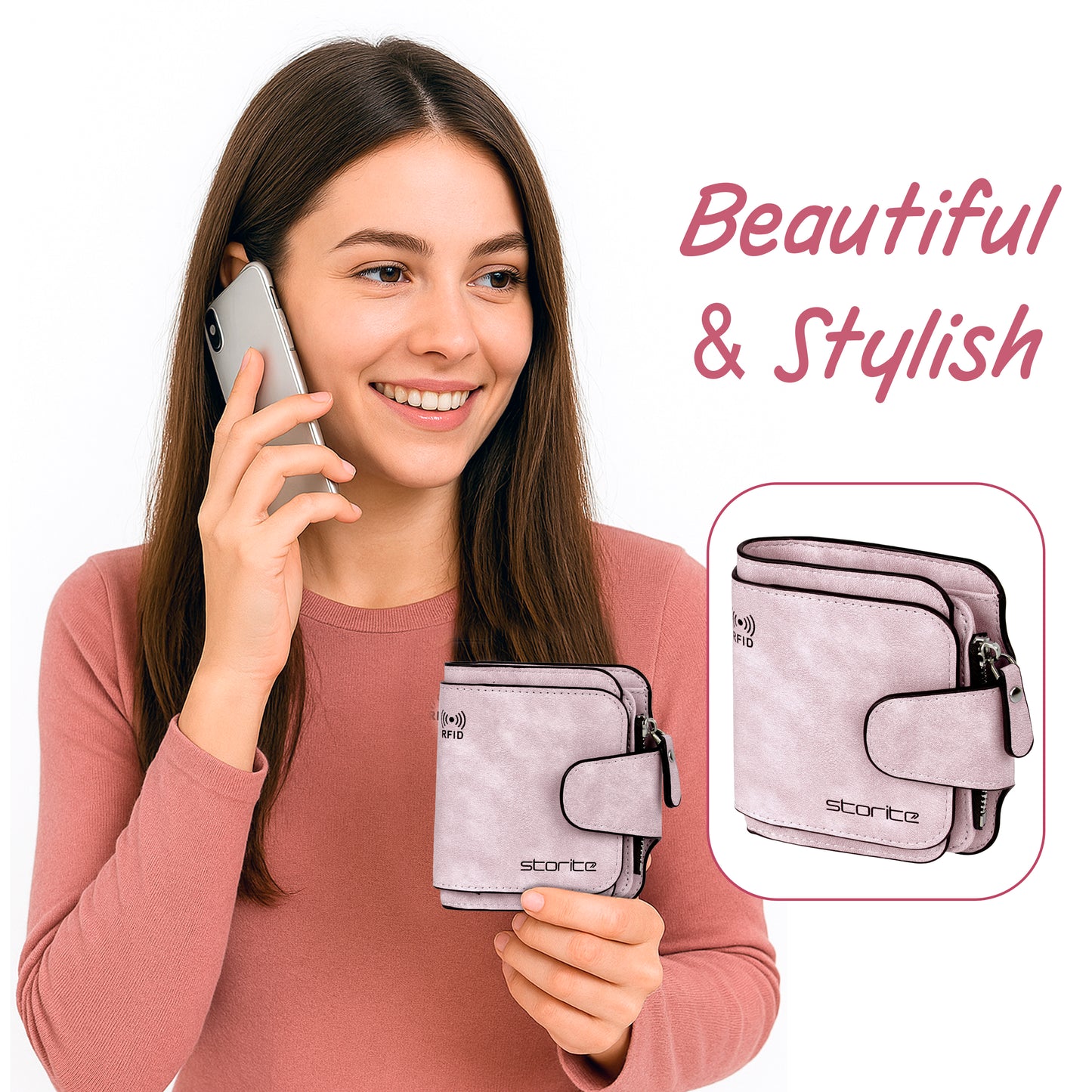 Storite Unisex RFID Blocking Leather Wallet Compact Mini Purse with Button Closure, 6 Card Slots - Pink