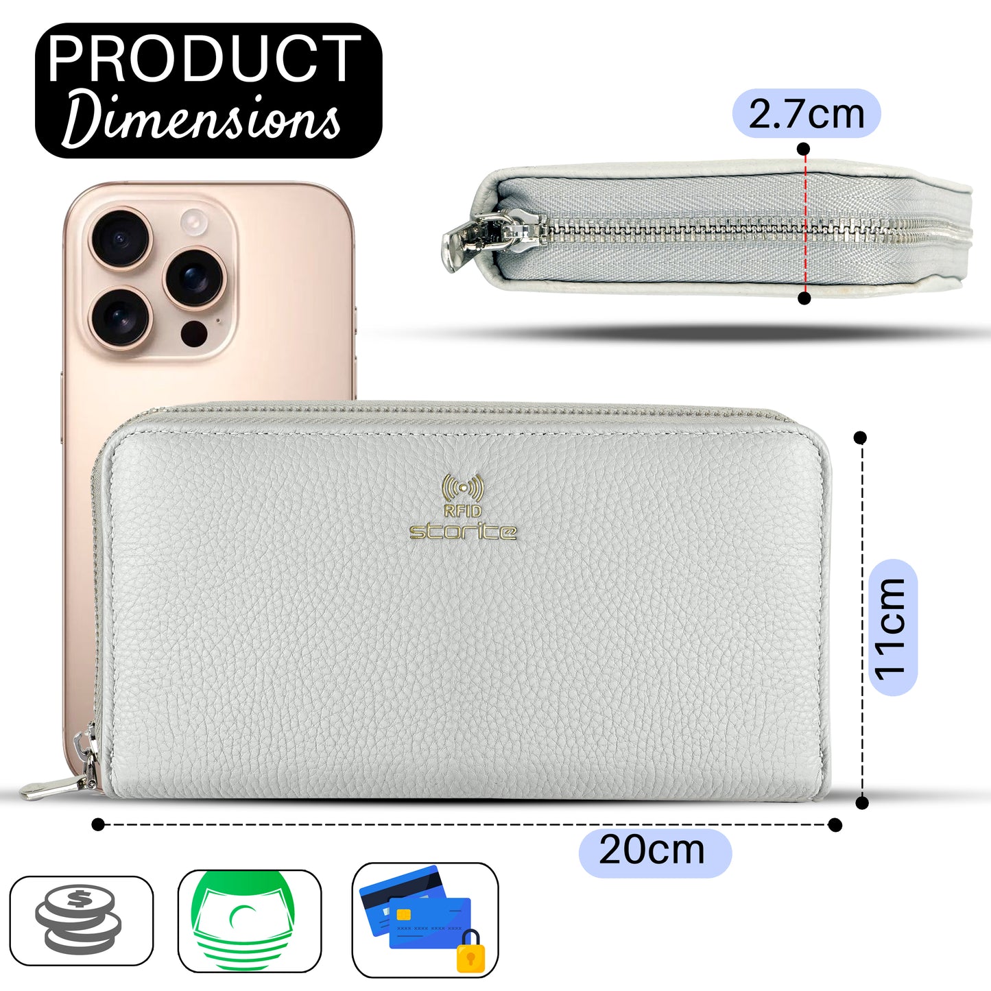 Storite 36 Slot RFID PU Leather Credit Debit Card Holder Wallet Money Zipper Coin Purse for Women - Grey
