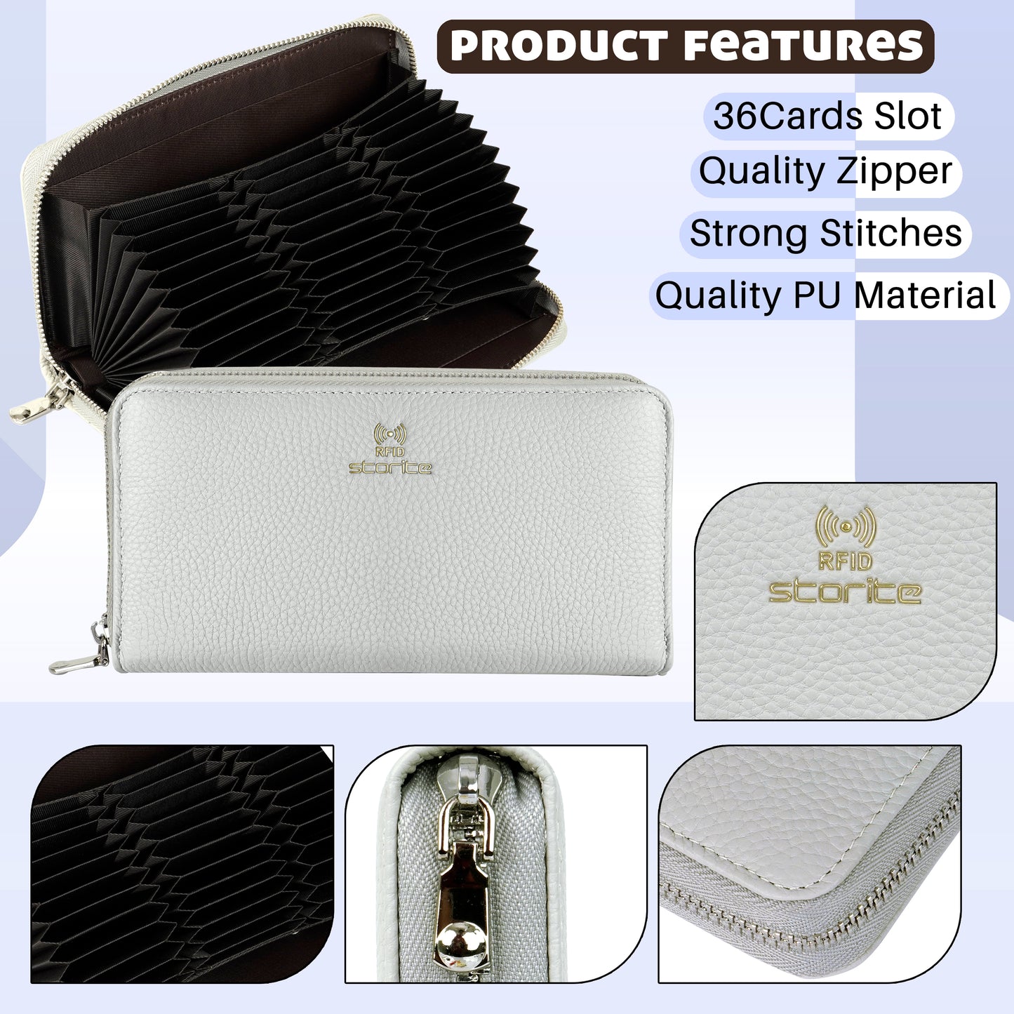 Storite 36 Slot RFID PU Leather Credit Debit Card Holder Wallet Money Zipper Coin Purse for Women - Grey