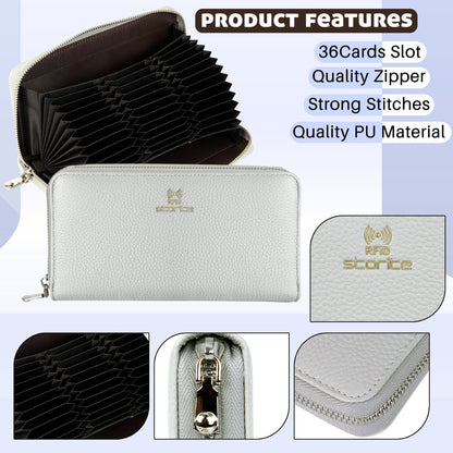 Storite 36 Slot RFID PU Leather Credit Debit Card Holder Wallet Money Zipper Coin Purse for Women - Grey