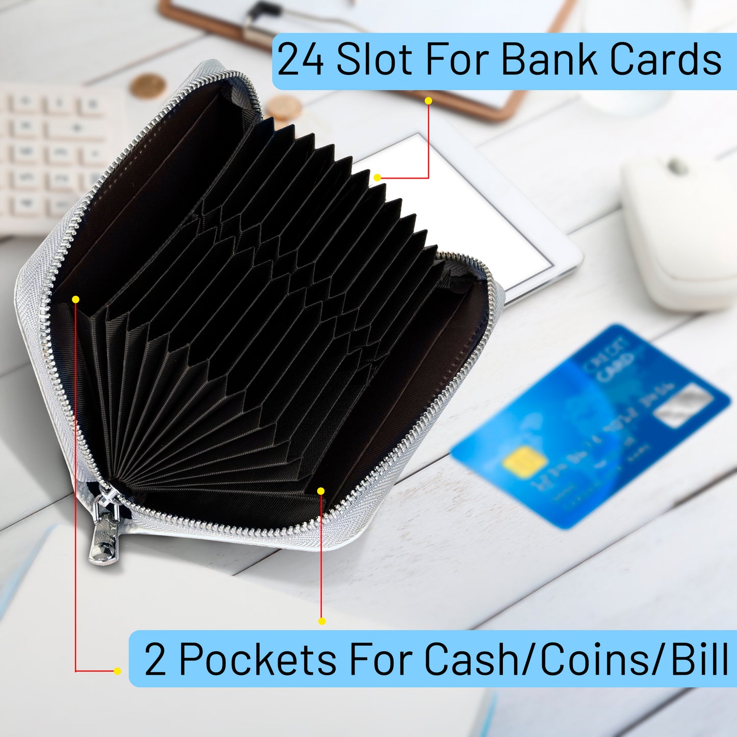 Storite 24 Slot RFID PU Leather Credit Debit Card Holder Wallet Money Zipper Coin Purse for Women - Grey